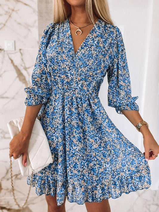 Boho jurk met print, korte mouwen en bloemenmotief