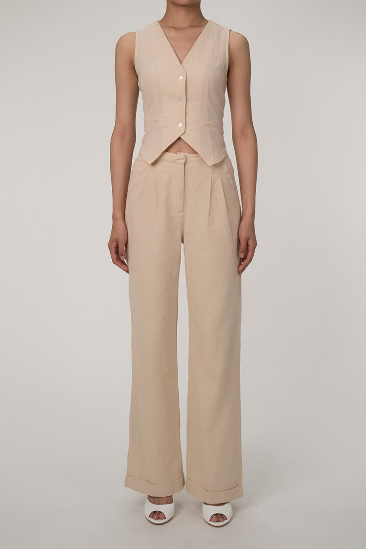 Casual V hals knoop omhoog gilet wijde pijp tweedelige katoen geplooide broek set