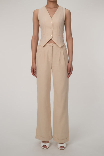 Casual V hals knoop omhoog gilet wijde pijp tweedelige katoen geplooide broek set