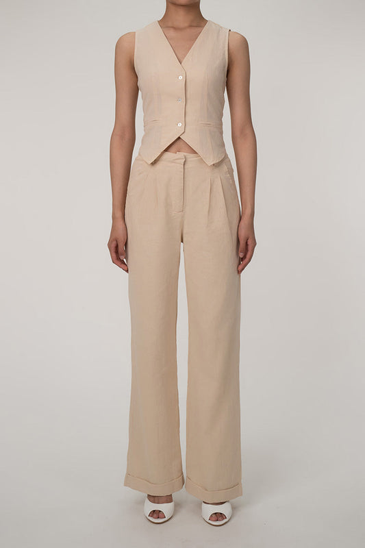 Casual V hals knoop omhoog gilet wijde pijp tweedelige katoen geplooide broek set