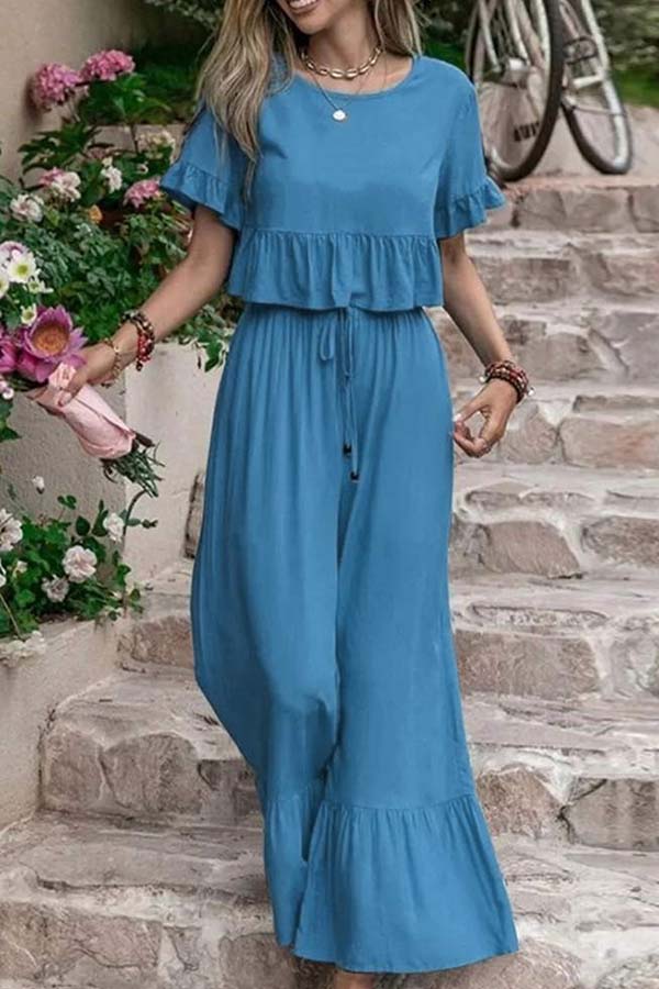 Casual losse eenkleurige broek met korte mouwen en wijde pijpen tweedelige set
