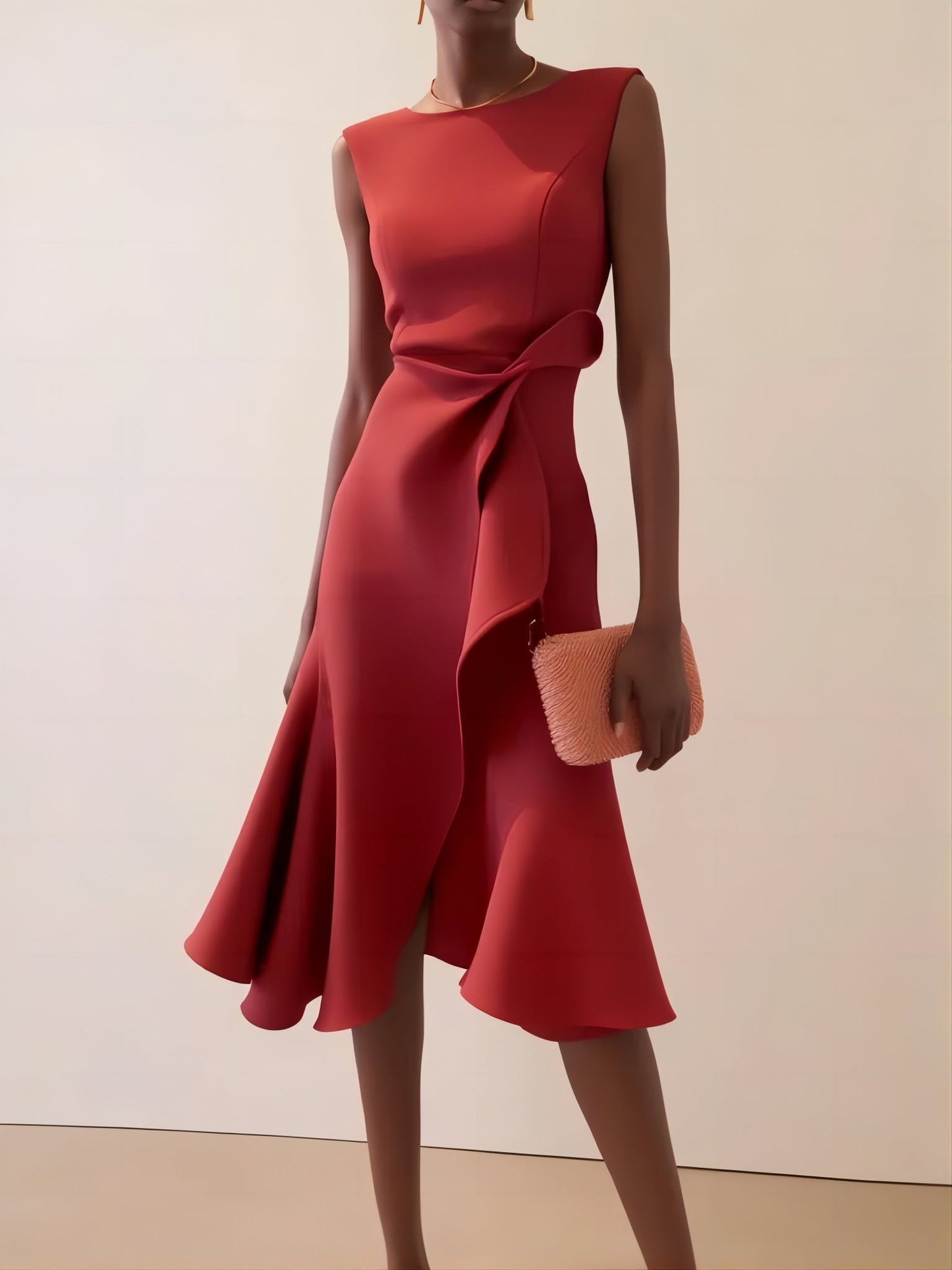 Midi-jurk zonder mouwen met elegant volantpatroon