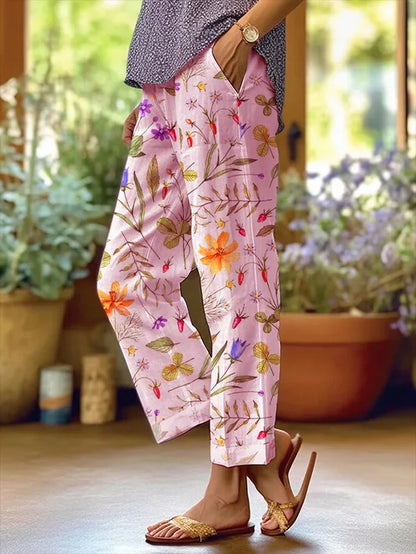 Vrouwen Bloemmotief Losse Zak Patchwork Casual Broek