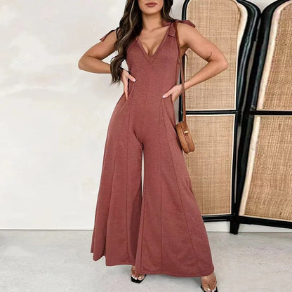 Véronique - Dames jumpsuit met diepe V-hals en geknoopte schouders