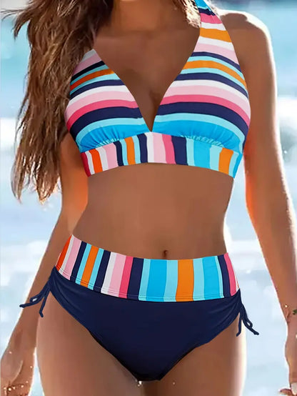 Halterbikini met kleurrijke streepprint en koordje