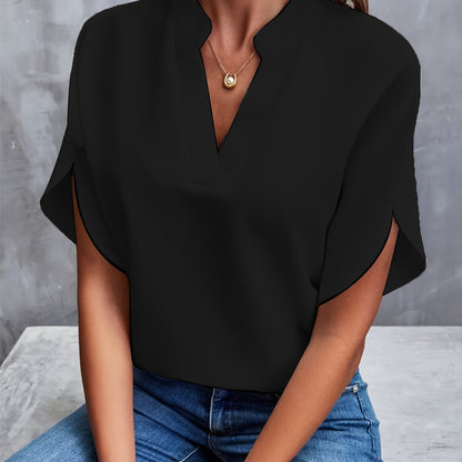 Lotte | Effen blouse met inkeping en korte mouwen