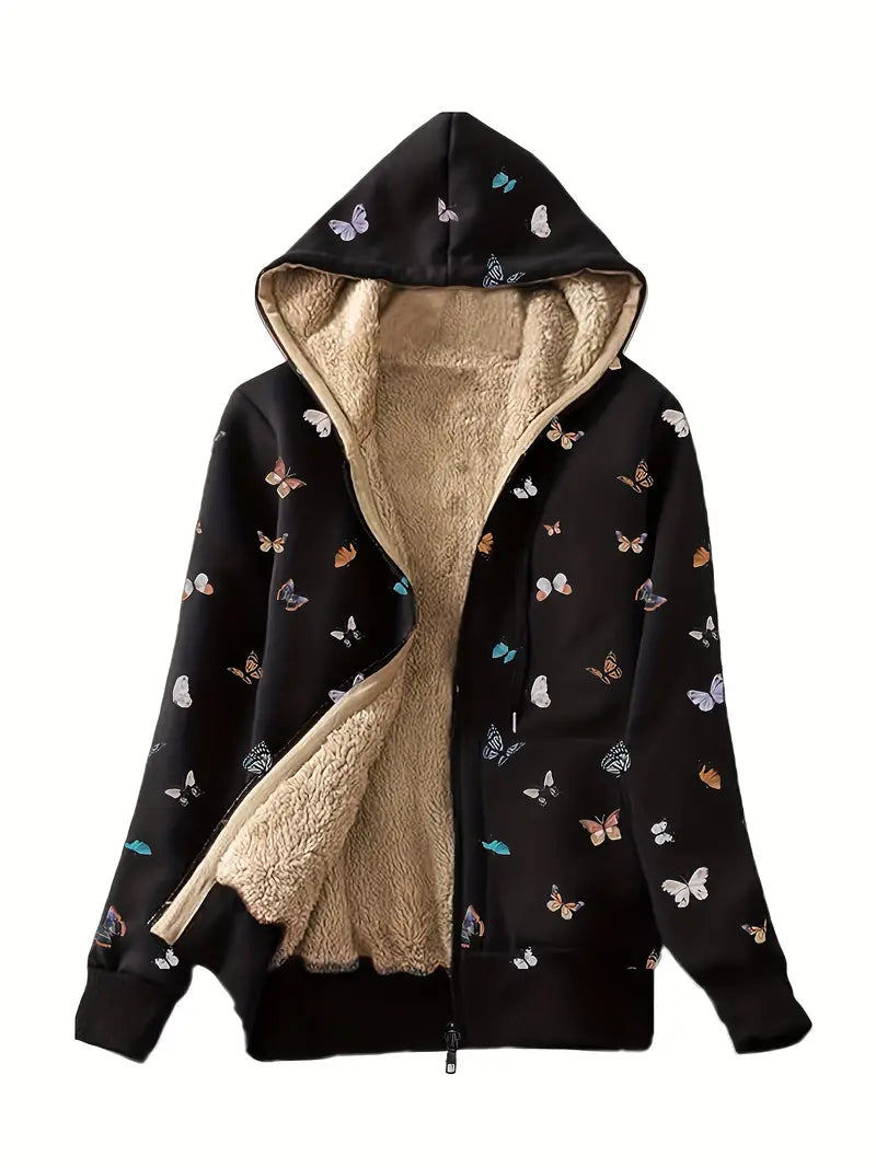 Sharon | Wings zip-up hoodie met vlinderprint en imitatiebont voering