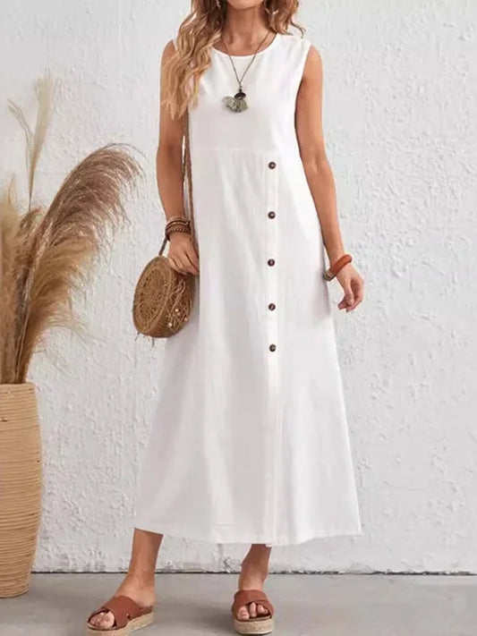 Losse midi-jurk zonder mouwen, asymmetrisch, met knopen, split aan de voorkant, split in de taille en ronde halslijn