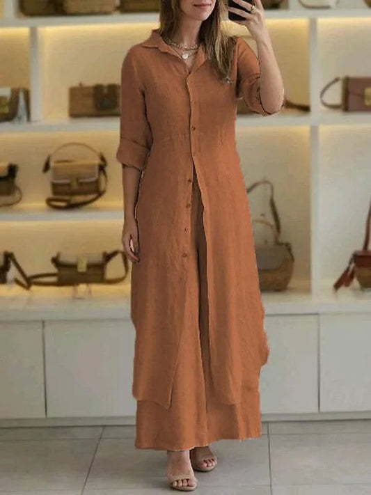 Lang ensemble met geknoopte maxi shirt met lange mouwen en vloeiende broek