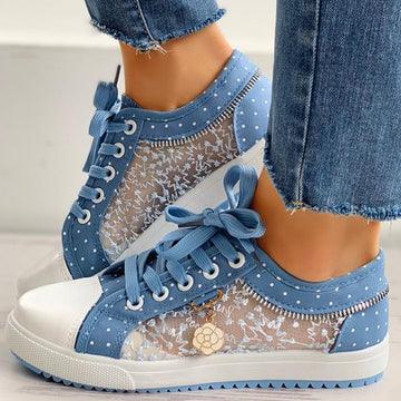 Kaida Sneakers | Denim Sneakers with Laces and Floral Mesh Design