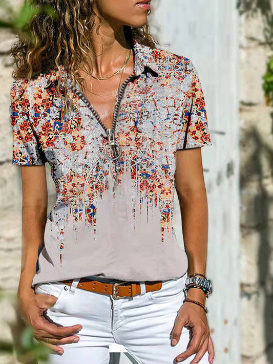 Bohemian West Ethnic Zip Top shirt met korte mouwen