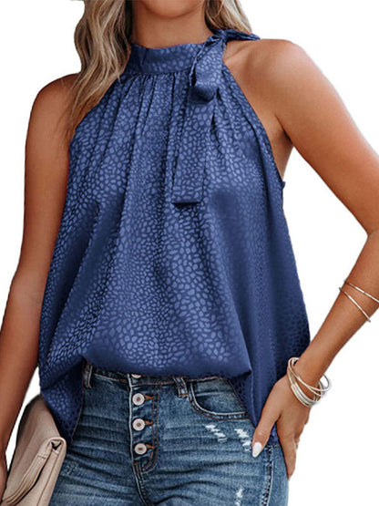 Mouwloze top met strik en luipaardprint in de nek