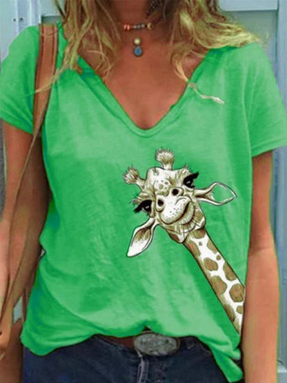T-shirt met korte mouwen en V-hals met dierenprint