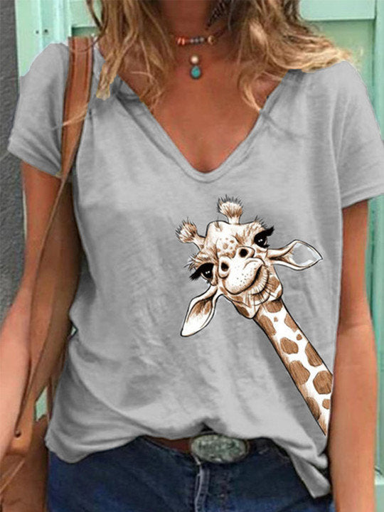 T-shirt met korte mouwen en V-hals met dierenprint