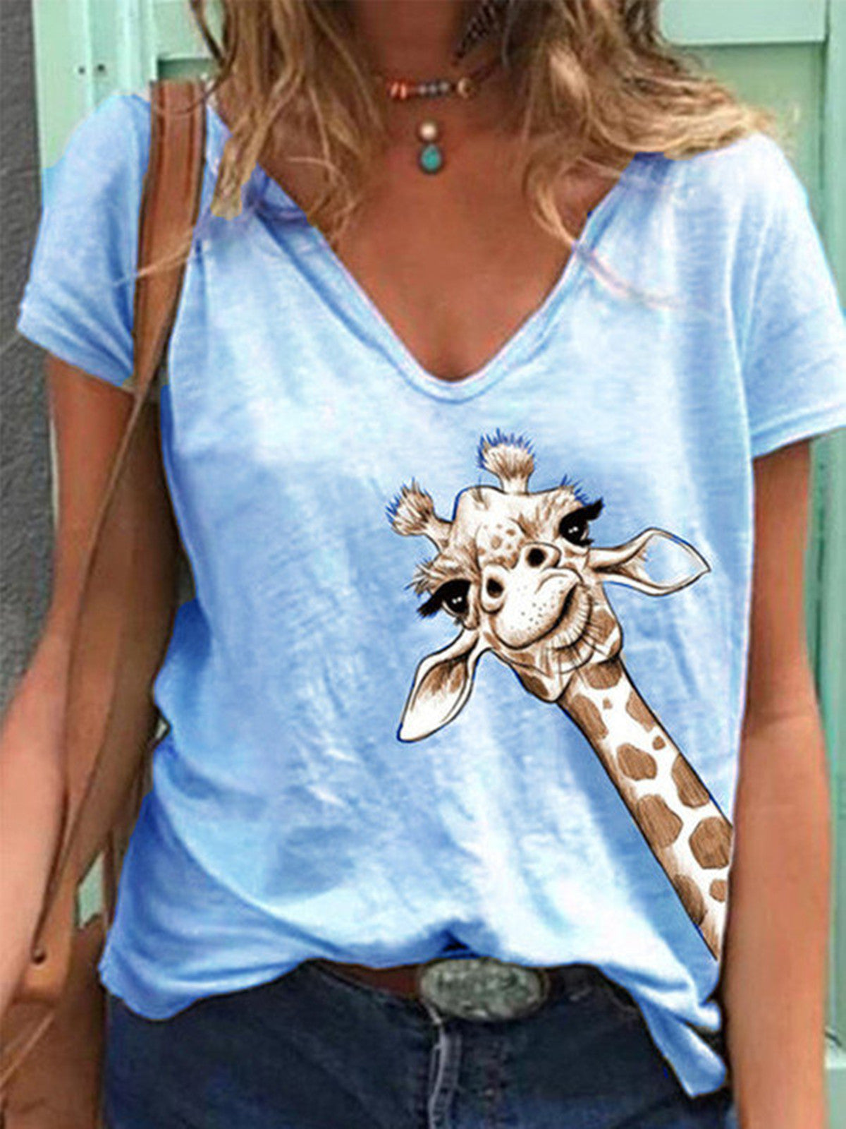 T-shirt met korte mouwen en V-hals met dierenprint