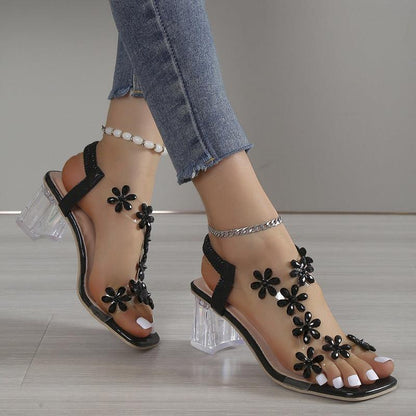 Kiah Sandals | Flowery Sandals with Clear Heel and Ankle Strap