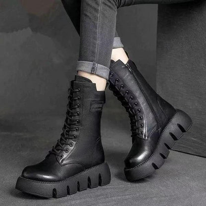 Nikki Boots | Platform Lace-Up Mid-Calf Boots with Side Zip