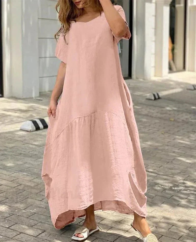dames maxi-jurk met wijde V-hals en korte mouwen
