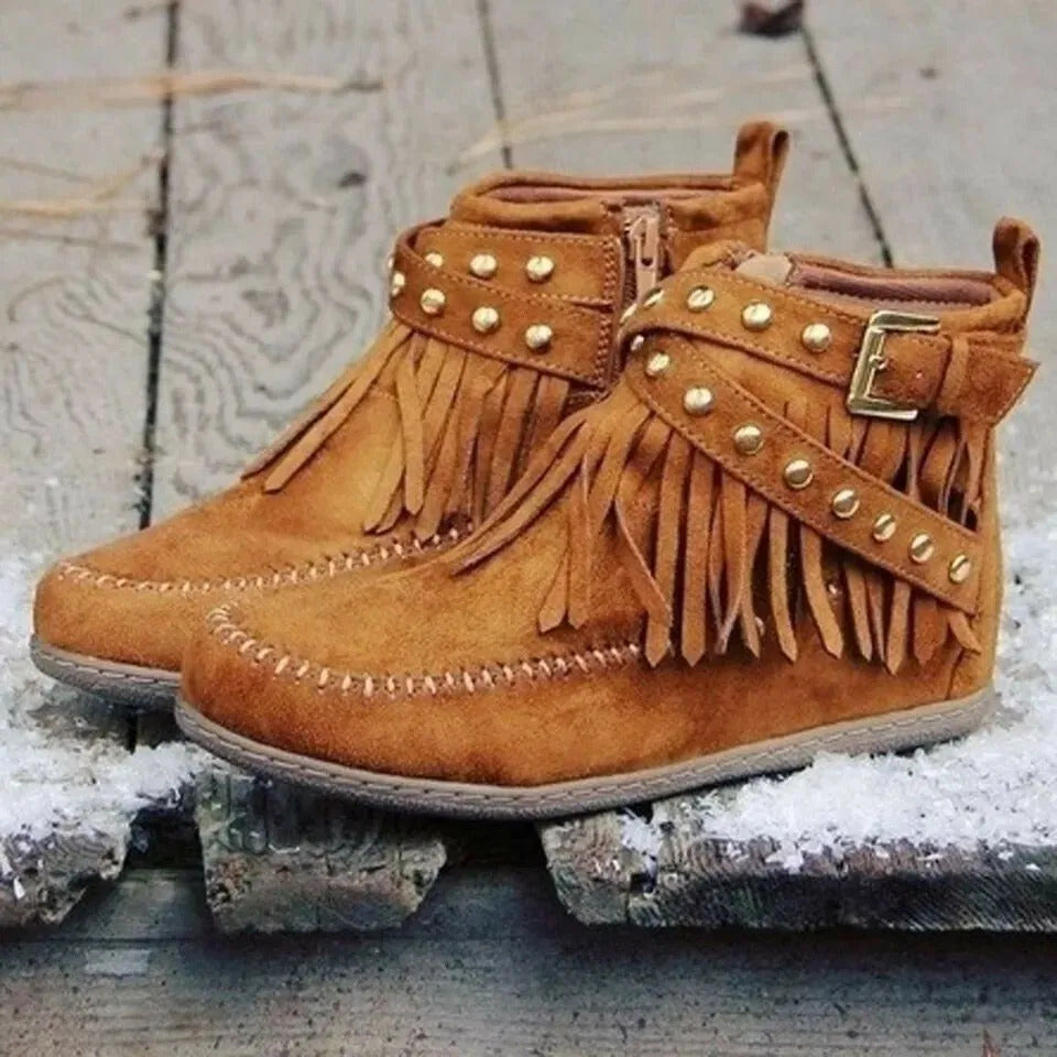 Quetzali Boots | Suede Ankle Boots with Fringes and Studs