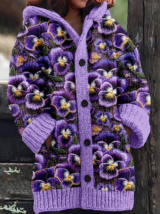 Sharon | Bloemenprint Knoop Dikke Lange Mouw Hoodie Vest