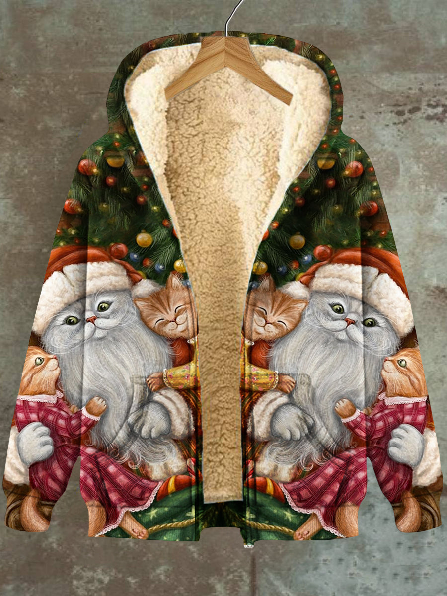 Heidi Fashion | Kerstmis Cat Grafisch Met Capuchon Zak Zip Fleece Sweatshirt Jacket