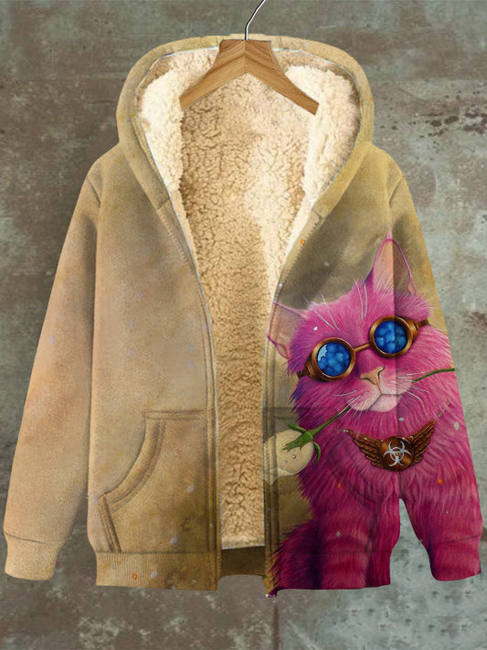 Heidi Fashion | Cat Patroon Hood met Zak Zip Fleece Sweatshirt Jacket voor vrouwen