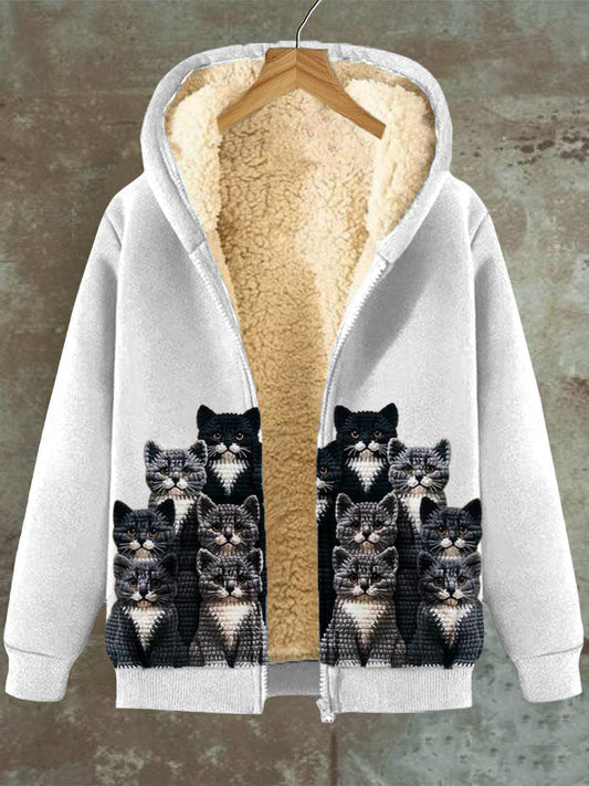 Heidi Fashion Kat Patroon Hooded Zak Fleece Sweatshirt Jas Voor Vrouwen