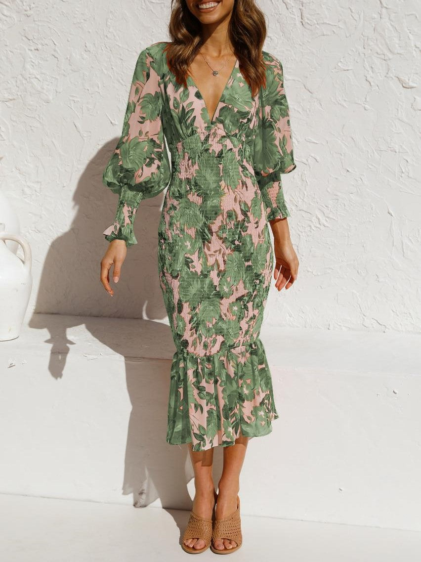 Jurk met lange mouwen, elastische tailleband en print, rok met volants