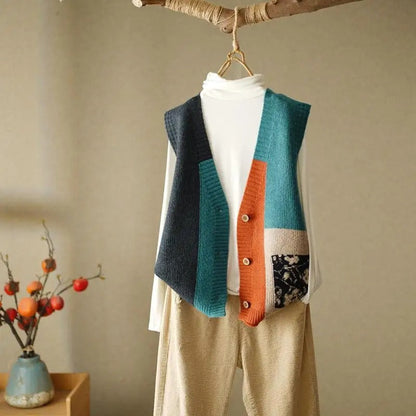 Clara - Kleurrijk gebreid patchwork vest voor dames