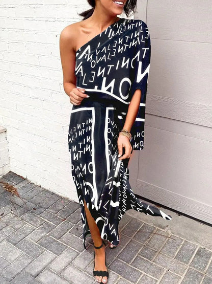 Losse bohemian jurk met schuine schouders
